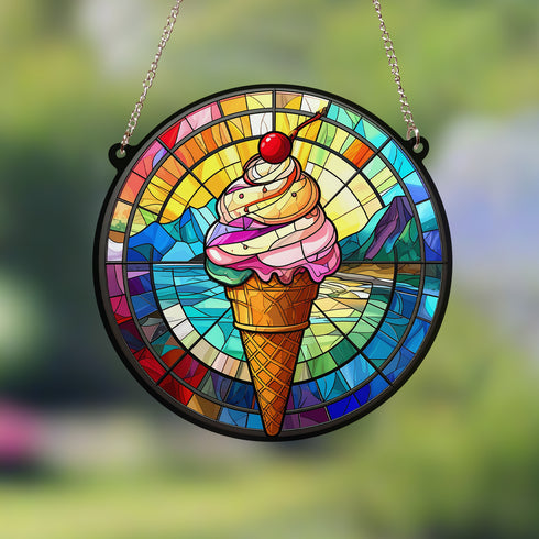 Ice Cream with Cherry Stained Glass Effect Suncatcher